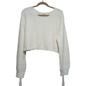 Idem Ditto Cream Fuzzy Knit Cropped Sweater S/M‎ Pullover Tie Sleeve Trendy Soft